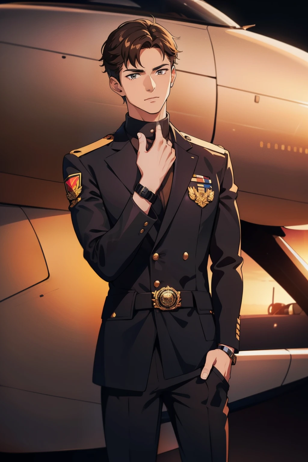 Young european guy civil pilot, Straight dark-haired, is Wears Apple Watch on right hand, carrying a black jacket in his hand over his shoulder, Standing at evening dark sunset, airplane on background, Wears Apple Watch on right hand