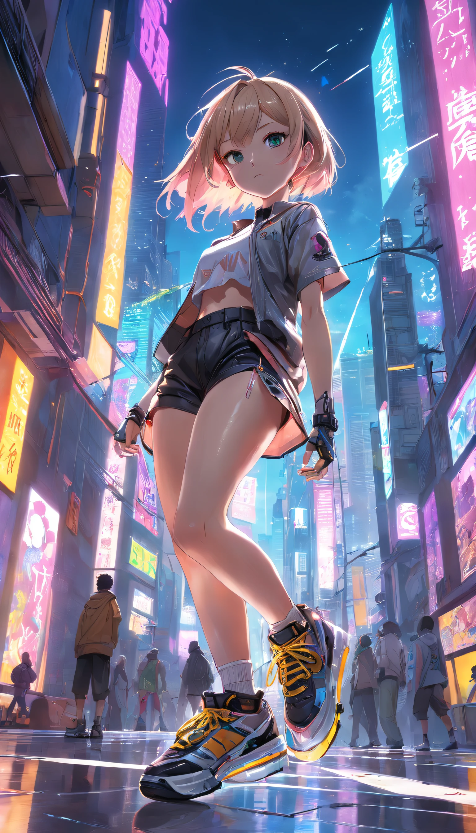 Dynamic angle, ((Full body posing:1.5), (colorful:1.2), (extremely detailed CG unity 16k wallpaper:1.1), (Denoising strength: 1.45), (tmasterpiece:1.37), ((official art)), Skaters play cyberpunk on streets with tall buildings and graffiti、, god rays, sparkle, glowing light, ((masterpiece)), ((best quality)), UHD, award winning