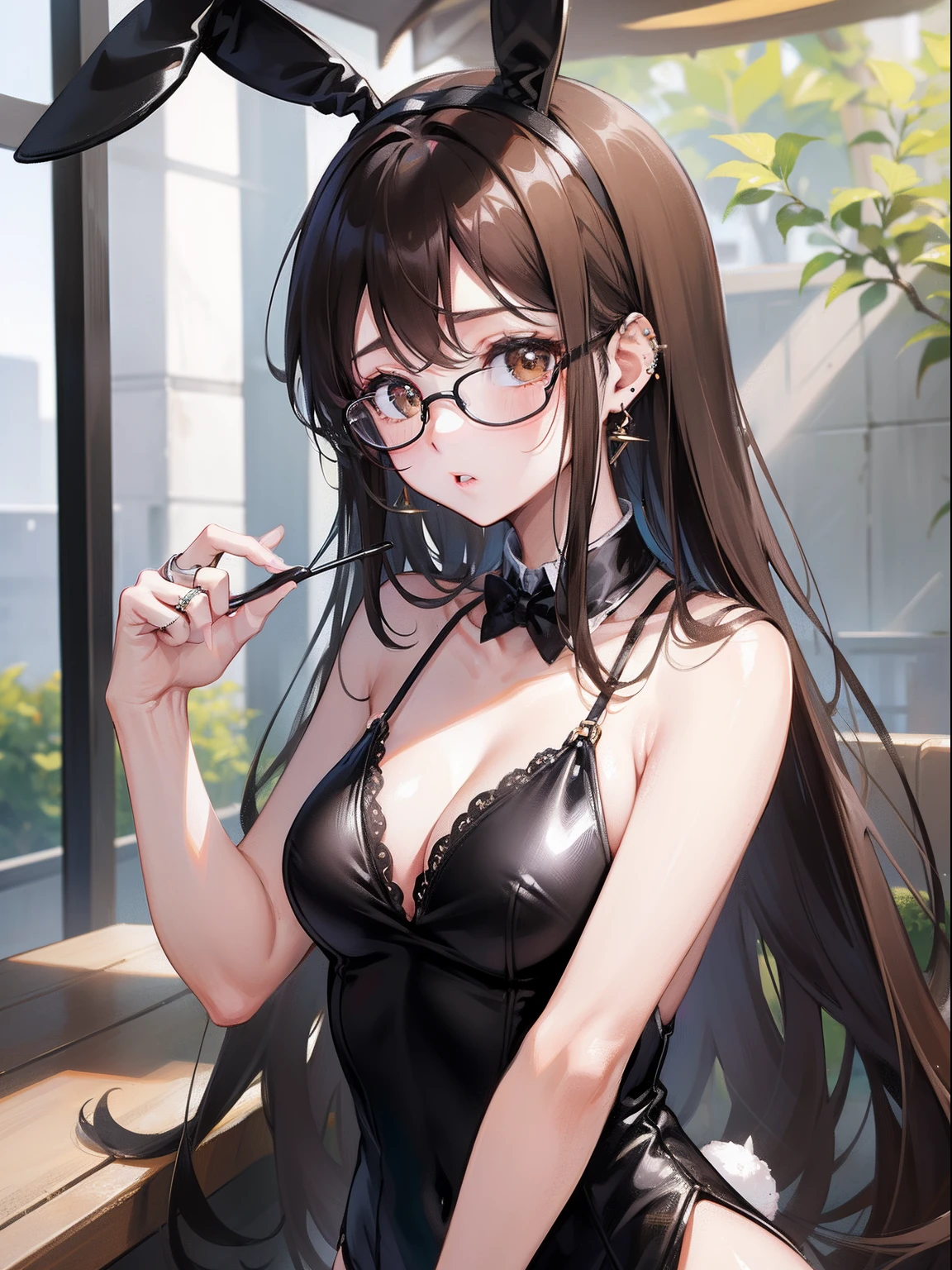 1人の女性、brown haired(Curta)、Brown eyes、Black-rimmed glasses、Ring piercing of the earlobe、Black Bunny Years、Black dress
