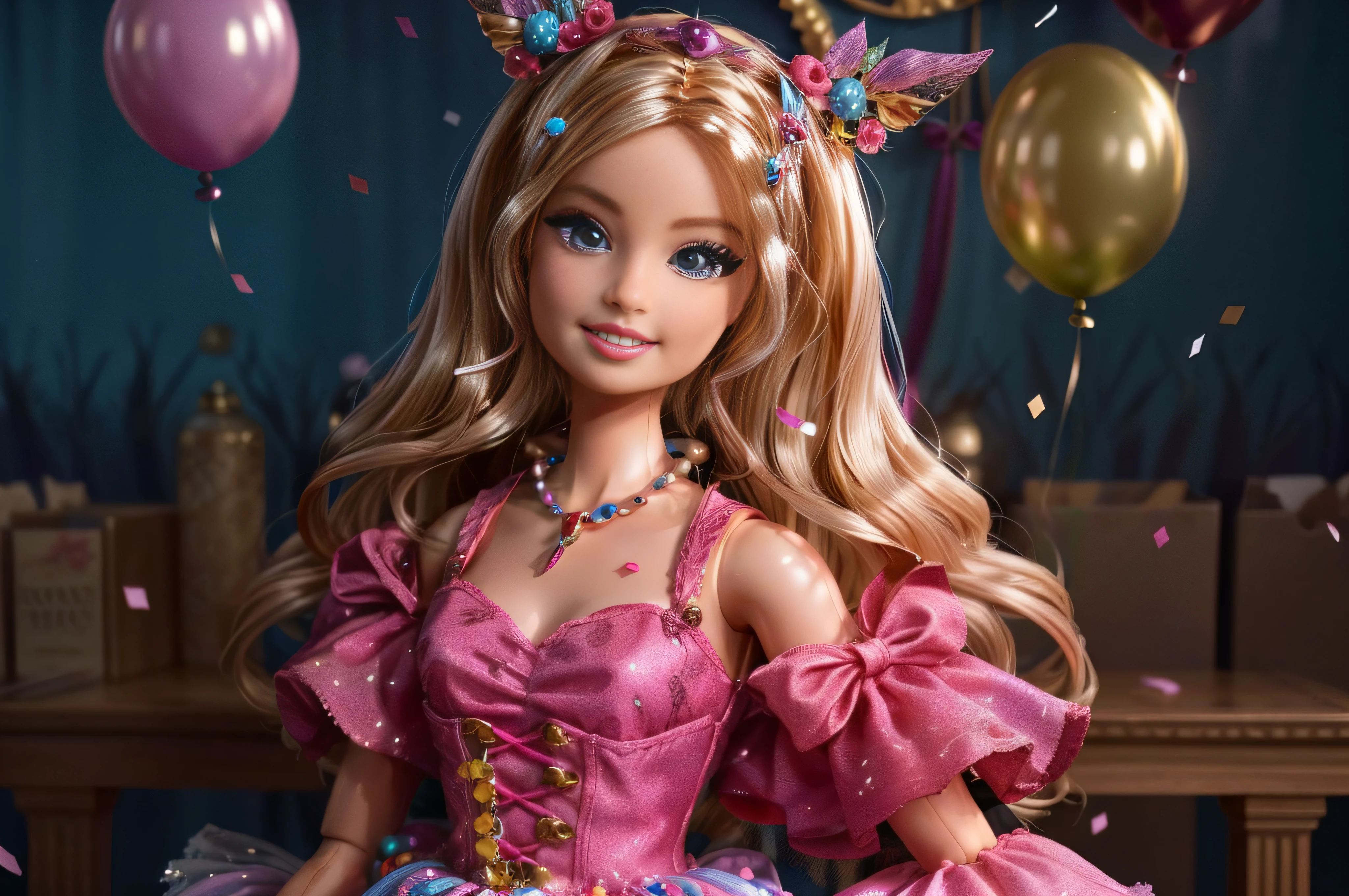 a Barbie doll theme party, with the dolls dancing and celebrating amidst a vibrant and dynamic environment, 3D with high-definition details, bringing the party to life with colorful decorations, balloons, and confetti. The soft and ambient lighting adds a warm and inviting atmosphere to the artwork, capturing the energy and excitement of the celebration. The digital painting in Manga style infuses the scene with fantasy and charm, making it an enchanting and delightful sight, highly detailed, HD quality, (best quality), ((masterpiece)), vibrant colors, (extremely detailed CG 8k),barbie,