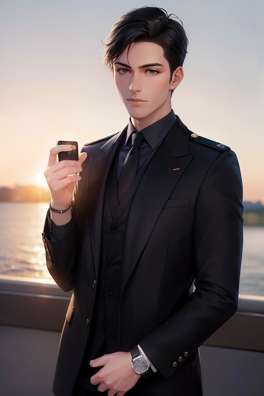 Young european guy civil pilot, Straight dark-haired, is Wears Apple Watch on right hand, carrying a black jacket in his hand over his shoulder, Standing at evening dark sunset, airplane on background, Wears Apple Watch on right hand