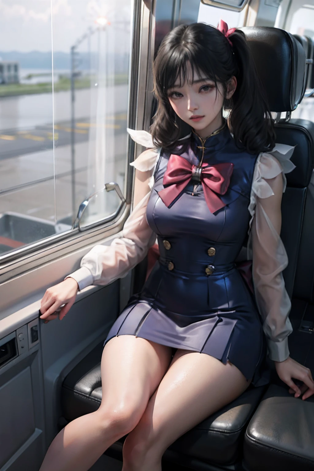 Real Images、(masterpiece:1.2、top-quality)、Lady 1、独奏、Stand kneeling、Physical education sitting、M-shaped legs、Cabin Crew、Open legs,poneyTail、校服、a miniskirt、Composition examination、White panty、camel's toe、Planes、Pink blouse、Services for passengers、water dripping、Wet、Provision of safety instructions、Response to emergencies、bangss、(Glossy skin:1.15)、