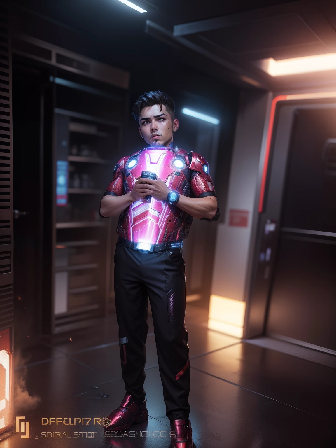 Change background cyberpunk handsome boy, realistic face, 8k, ultra realistic, iron man dress