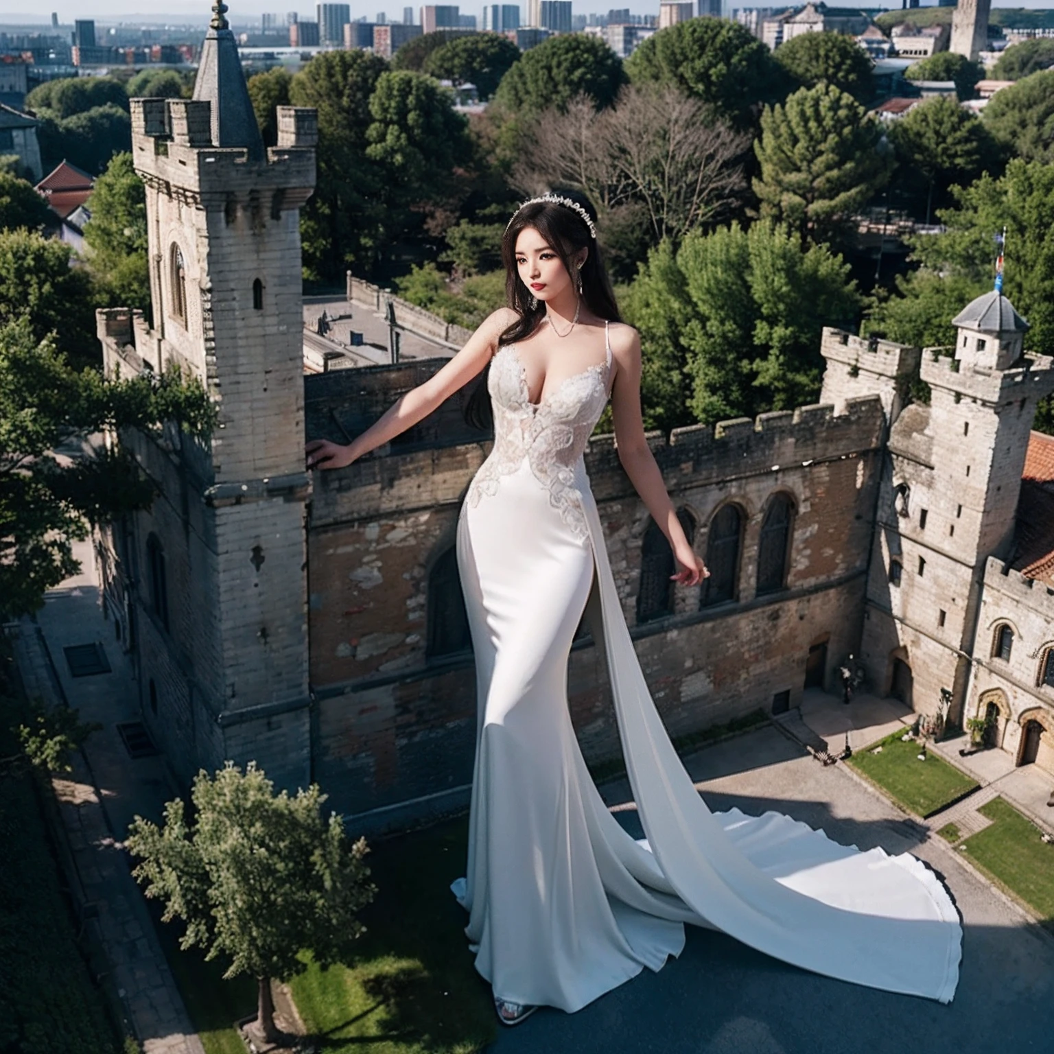 minigiantess,Full body photo,medieval castle,japanese beauty,wedding dress,wedding ,super star,stiletto,10 meters tall,Big breasts,(Long legs:1.2),Extremely tall girl,Beautiful looks,Delicatemakeup,Perfect lighting,Cinematic quality,8K,High quality,(GTS:1.5),Aerial view,buildingseat