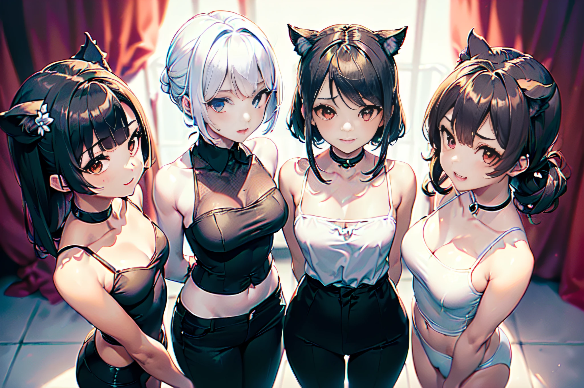 Vista delantera de cuerpo completo, ((((Solo 3 chicas)),
Physical appearance Cerberus: Elenco de Helltaker, A short demon girl with pale skin, iris rojos, una cola de punta de flecha negra, y cabello blanco plateado, (3 girls identical face body and clothes same), Tienen orejas caninas blancas que emergen de debajo de su pelo en la parte superior de sus cabezas, They also have small fang-shaped canine teeth present in their mouths., Wear tighter clothing, con camisas rojas abotonadas de manga larga debajo de chalecos de traje a rayas negras y pantalones de traje ajustado negros. They wear black cuffs over their red shirts just below the shoulder, as well as black gloves and black ties tucked under their vests.... Sus colas parecen emerger de debajo de sus chalecos y sobre sus pantalones. Rear solar lighting))