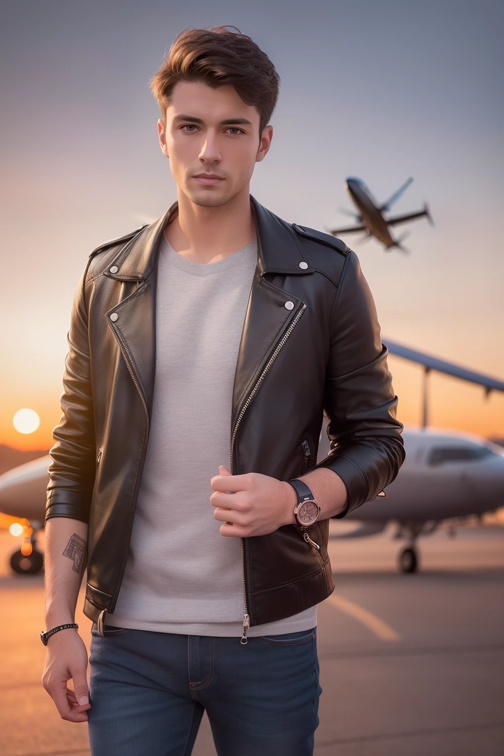 Young european guy civil pilot, Straight dark-haired, is Wears Apple Watch on right hand, carrying a black jacket in his hand over his shoulder, Standing at evening dark sunset, airplane on background, Wears Apple Watch on right hand