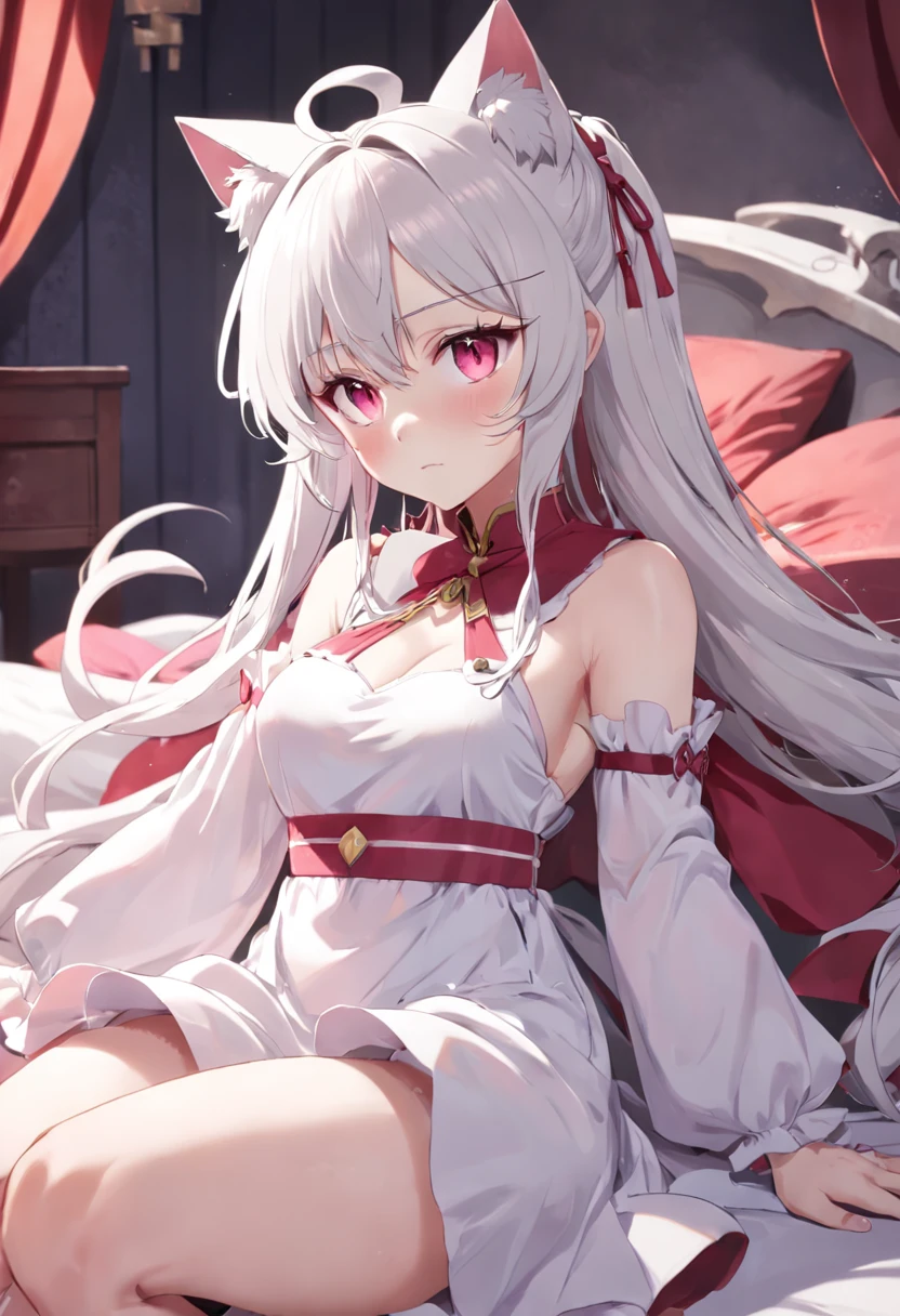 blush、silver hair、red eyes、beautiful girl alone、and soul、solo、Panties with ruffles、gravure、rose garden,topless,nipple,nsfw