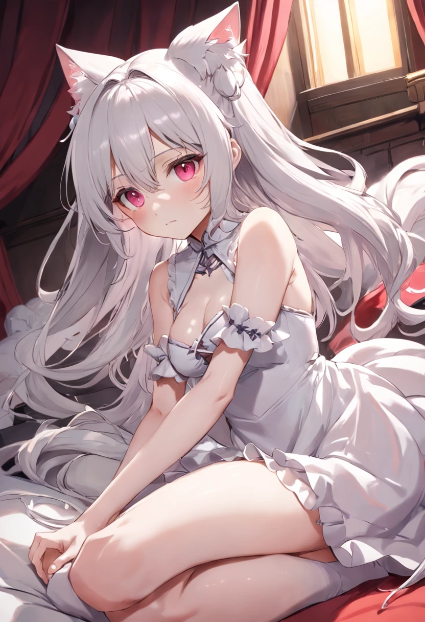 Anime girl sitting on soft bed，There are cat ears on the head, Pink and white long dress!! silber hair,Red pupils， Long hair with micro-curls，Half series double ponytail，cute anime waifu in a nice dress,, White-haired god, gray-haired girl, Perfect girl with white hair, Güvez on Pisif Art Station, whaite hair, Flowing white hair