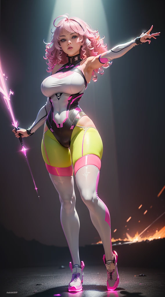 (Dynamic angle:1.4), ((Full body posing:1.5), (colorful:1.2), (extremely detailed CG unity 16k wallpaper:1.1), (Denoising strength: 1.45), (tmasterpiece:1.37), ((official art)), (colorful:1.2), (upper body:0.8)cyberhanfu, science fiction, 1girl, curly hair, tights, Nobita, Tights, (transparent material), low cut, long rainbow hair, white stockings, translucent material, (gray and bright pink: 1.3), (ground vehicle:1.1), big breasts, god rays, sparkle, glowing light, ((masterpiece)), ((best quality)), UHD, award winning