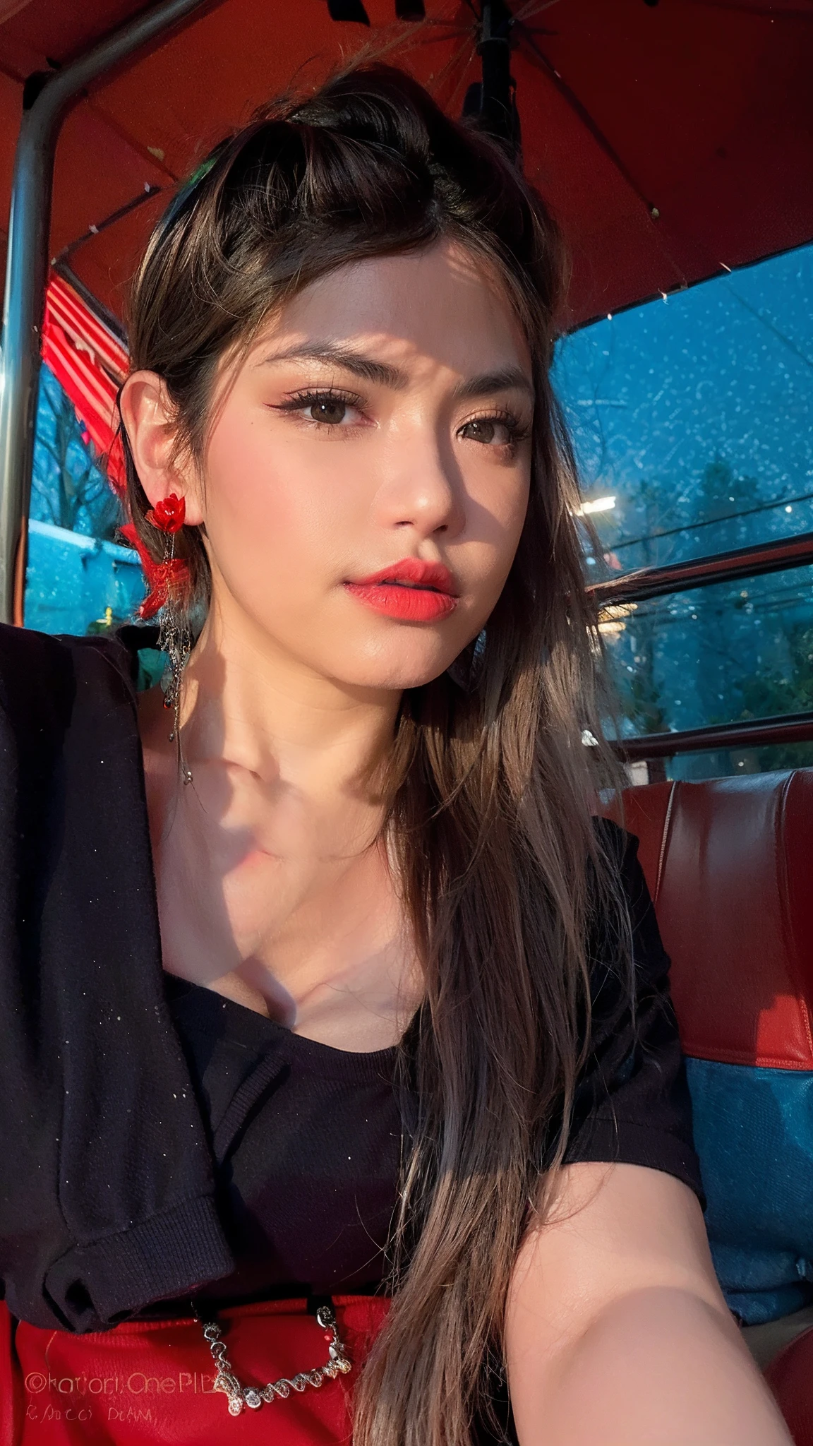 there is a woman sitting on a bus with a red umbrella, sexy face with full makeup, with professional makeup, taken with sony alpha 9, very very low quality picture, with accurate face, sexy look, photo taken in 2 0 2 0, sultry look, looking from side, beuatiful face, red lipstick on face, 8k selfie photograph