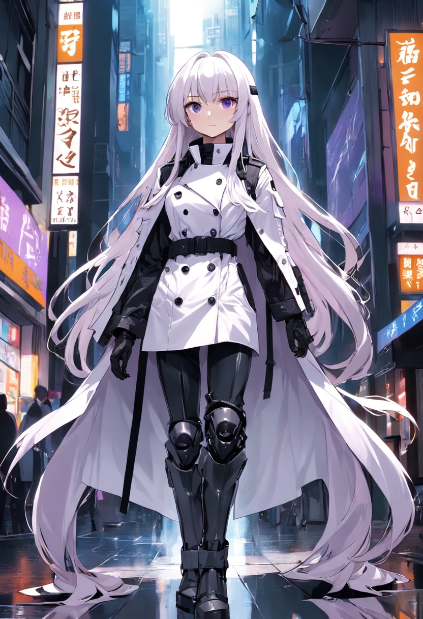 Two-dimensional woman,Long white silky hair,Bright purple pupils,White trench coat with black hard vest armor,A tactical belt hangs a black pocket,Black slim trousers with leggings,A pair of black tactical high-top boots,4k高清