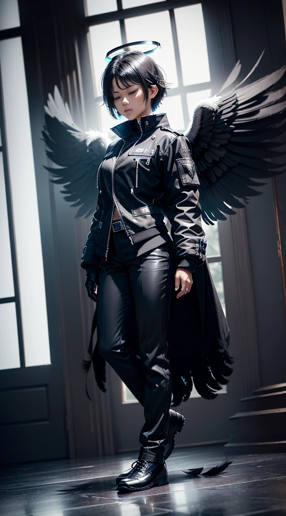 (Dynamic angle:1.4), ((Full body posing:1.5), (colorful:1.2), (extremely detailed CG unity 16k wallpaper:1.1), (Denoising strength: 1.45), (tmasterpiece:1.37), ((official art)), BJ Daemon, solo, smile, short hair, shirt, black hair, gloves, long sleeves, 1boy, sitting, closed mouth, jacket, closed eyes, male focus, wings, black gloves, pants, indoors, black footwear, black jacket, halo, black pants, own hands together, feathers, feathered wings, facing viewer, black wings, angel wings, angel, candle, praying, black feathers, strong contrast, high level of detail, White background, cinematic lighting, Best quality, masterpiece