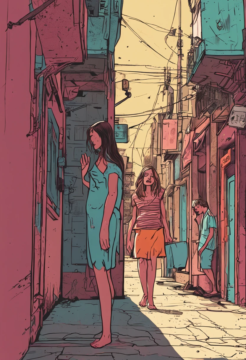 1girl with long hair and dress, 1 girl is taking to lavatory, looking away, standing, embarrassed, blush, Keep one's mouth shut, street (girl is peeing self:0.4)