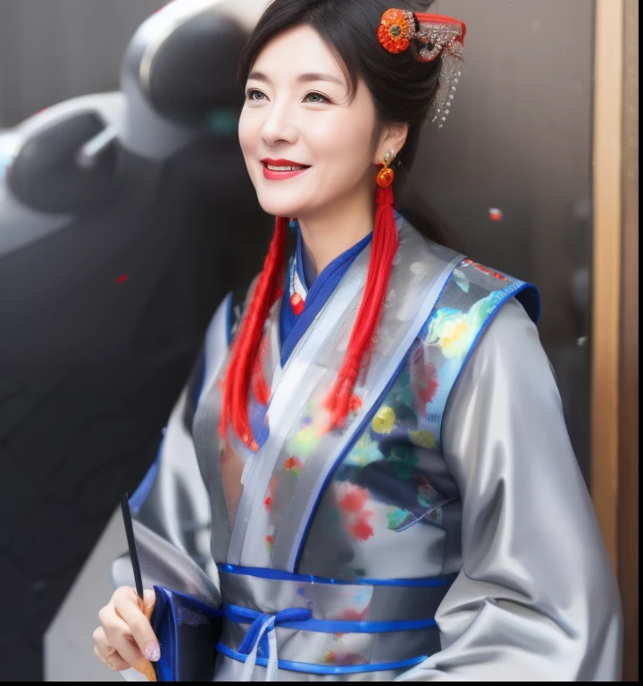 Smiling woman in traditional gray cheongsam