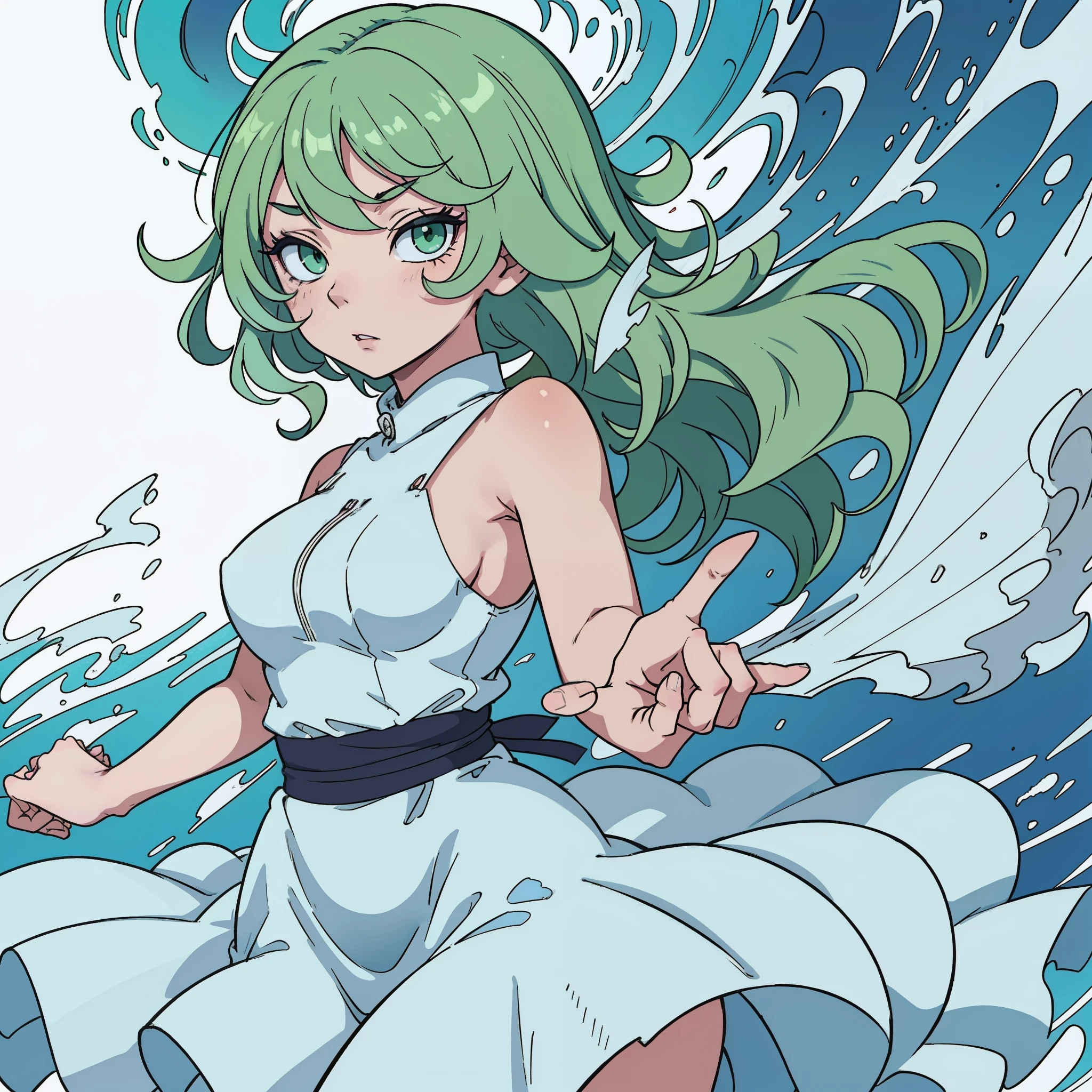 Tatsumaki Anime, tornado, Olhando para o Viewer, irritado, pose de ataque, corpo inteiro, pernas detalhadas,short hair, franja, cabelos verdes, olhos verdes, Olhos detalhados, 鎖骨, Coxas, separated-lips, cabelos verdes, mangas compridas, vestido preto, drape pélvico, fenda lateral, curly hair, cabelo virado, hand open, holding out his hand, Vestido preto longo, Full HD, 16k, cores vibrantes, super detalhado, Ultra sharp