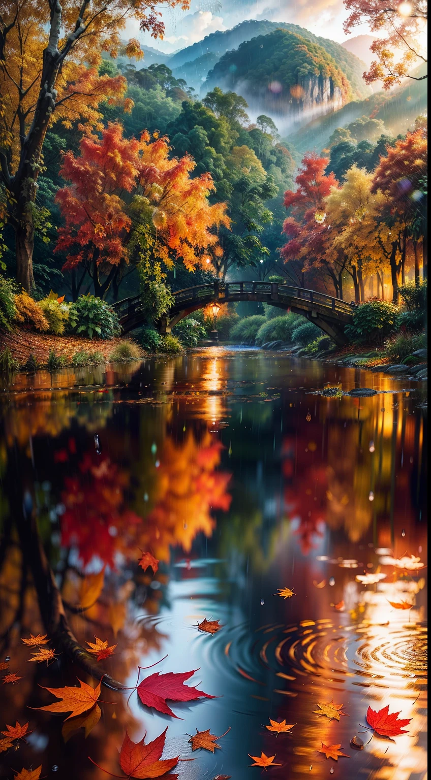 Image of leaves and raindrops, autumn, Romantic landscape style, Canon EOS 5D Mark IV, Solar Impressionism, Traditional Vietnamese, Reflections of sparkling water, high-quality photo,