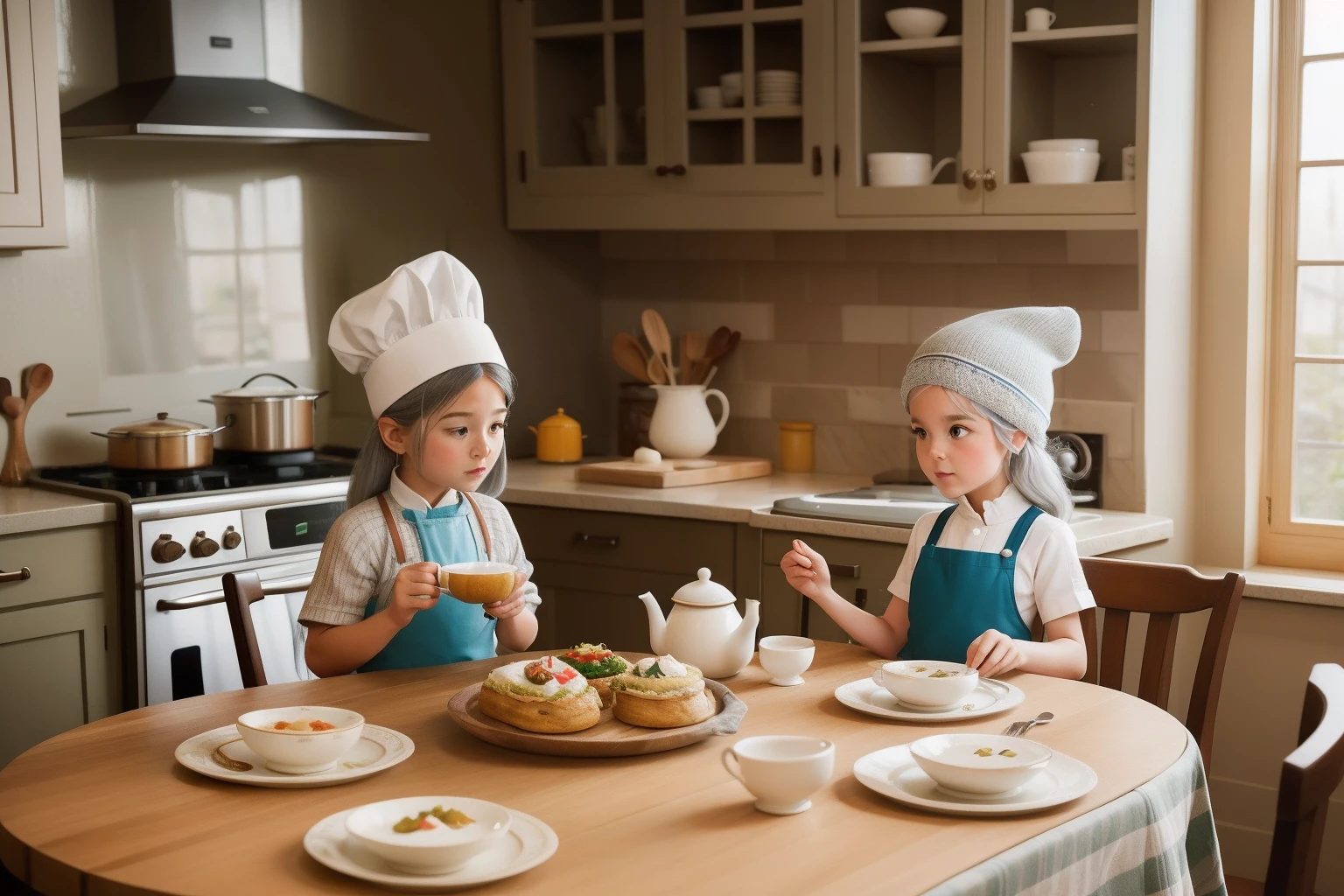 On the edge of a colossal tea table in a Wes Anderson-inspired kitchen, a tiny chef with a twirl of silver hair, a white toque, and a checkered apron embarks on a culinary adventure, crafting delectable miniaturized dishes for fellow tiny travelers.