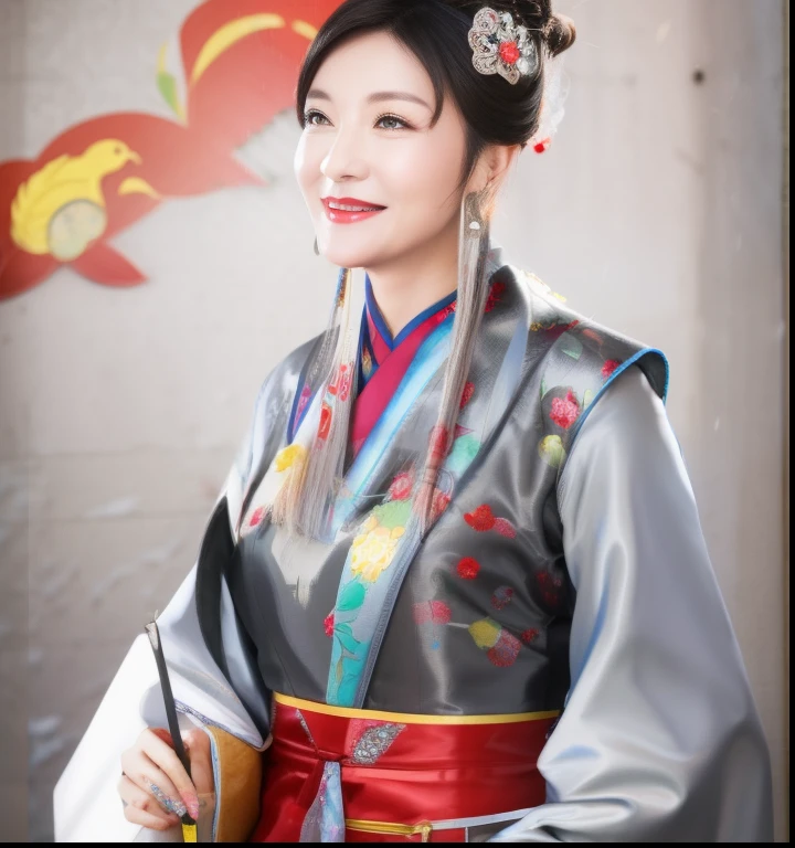 Smiling woman in traditional gray cheongsam