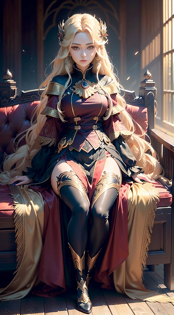 (Dynamic angle:1.4), ((Full body posing:1.5), (colorful:1.2), (extremely detailed CG unity 16k wallpaper:1.1), (Denoising strength: 1.45), (tmasterpiece:1.37), ((official art)), (colorful:1.2), Medium view, girl focus, a girl, sitting sideways on a luxurious chair, hand supporting chin, looking out of the camera, red eyes, detailed engraved picture part, delicate and beautiful face, exotic, mysterious forest, high detail red eyes, wind, wind blowing hair, windward, high detail hair, aristocratic clothing, fluff, golden feathers, epic, wooden, old, golden hair, 1girl, anime, god rays, sparkle, glowing light, ((masterpiece)), ((best quality)), masterpiece, UHD, award winning