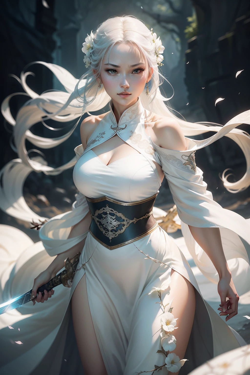 Close-up of a woman in a white dress holding a sword,Fighting posture,Sharp eyes,figure portrait,The popularity of CGsociety,Fantasyart,beautiful character painting,Guviz-style artwork,Guvitz,white hanfu,flowing white robe,full-body wuxia,epic exquisite character art,stunning character art,beautiful female assassin