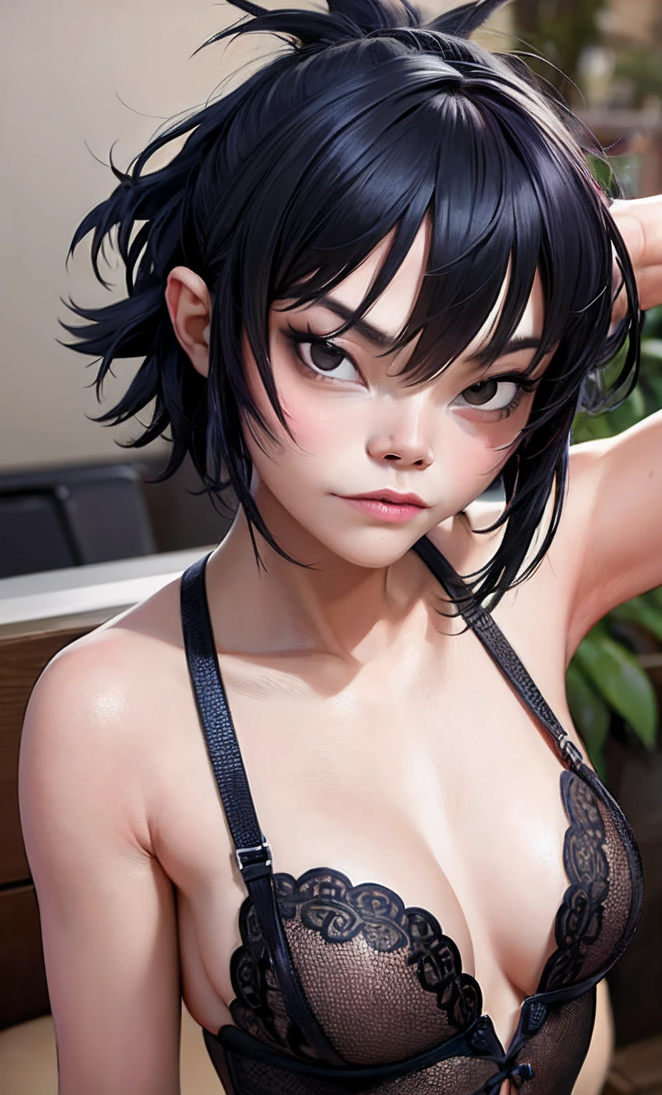 (masterpiece, best quality:1.2), noodle (gorillaz), black hair, 1girl, streaked hair, black eyes, multicolored hair, bangs, parted lips, breasts, small breasts, bob cut, (hardcore pov of nude thin woman, (photorealistic:1), (hyper realistic photograph:1), (texture:1), (highly detailed:1) ,cute face, ultra wide angle, f1.4, sex, pov missionary