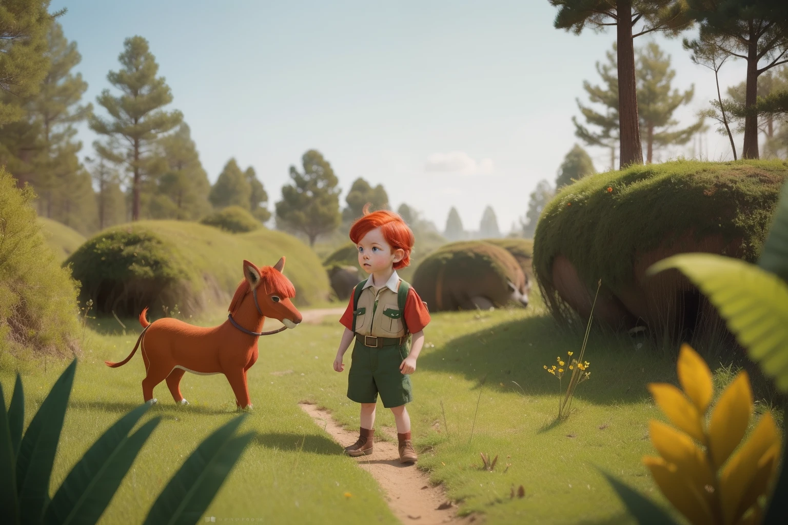 In the whimsical world of Wes Anderson, a tiny explorer with fiery red hair, emerald-green eyes, and a miniature safari outfit embarks on a daring journey through the sprawling wilderness of a suburban backyard, where blades of grass become towering forests.