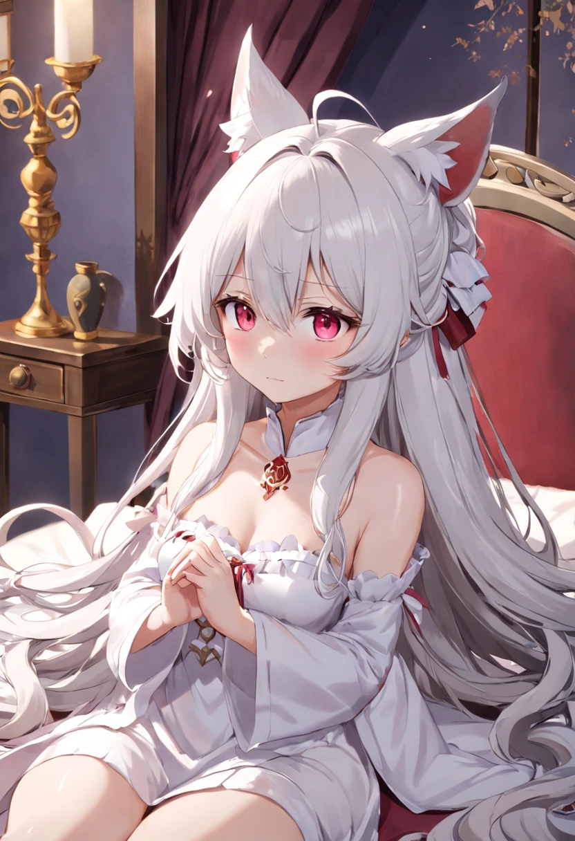 highest quality High resolution One young and beautiful woman Red eyes Beautiful white hair Medium Perm Cute Gentle Girl Cat ear Alluring nude cow print underwear church Nun Cowgirl Cosplay Magical Monastery Robes Breastfeeding services A virgin killer with astonishing charm and huge breasts Sexless Breast milk Breathtaking Incest Rut face Chubby