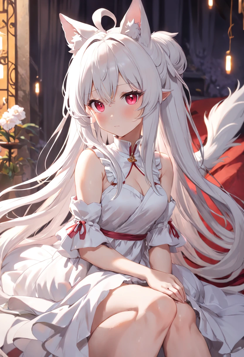 Anime girl duck sitting on soft bed,There are fox ears on the head, Pink and white long dress!! silber hair,Red pupils, Long hair with micro-curls,Half series double ponytail,cute anime waifu in a nice dress,, White-haired god, gray-haired girl, Perfect girl with white hair, Güvez on Pisif Art Station, whaite hair, Flowing white hair