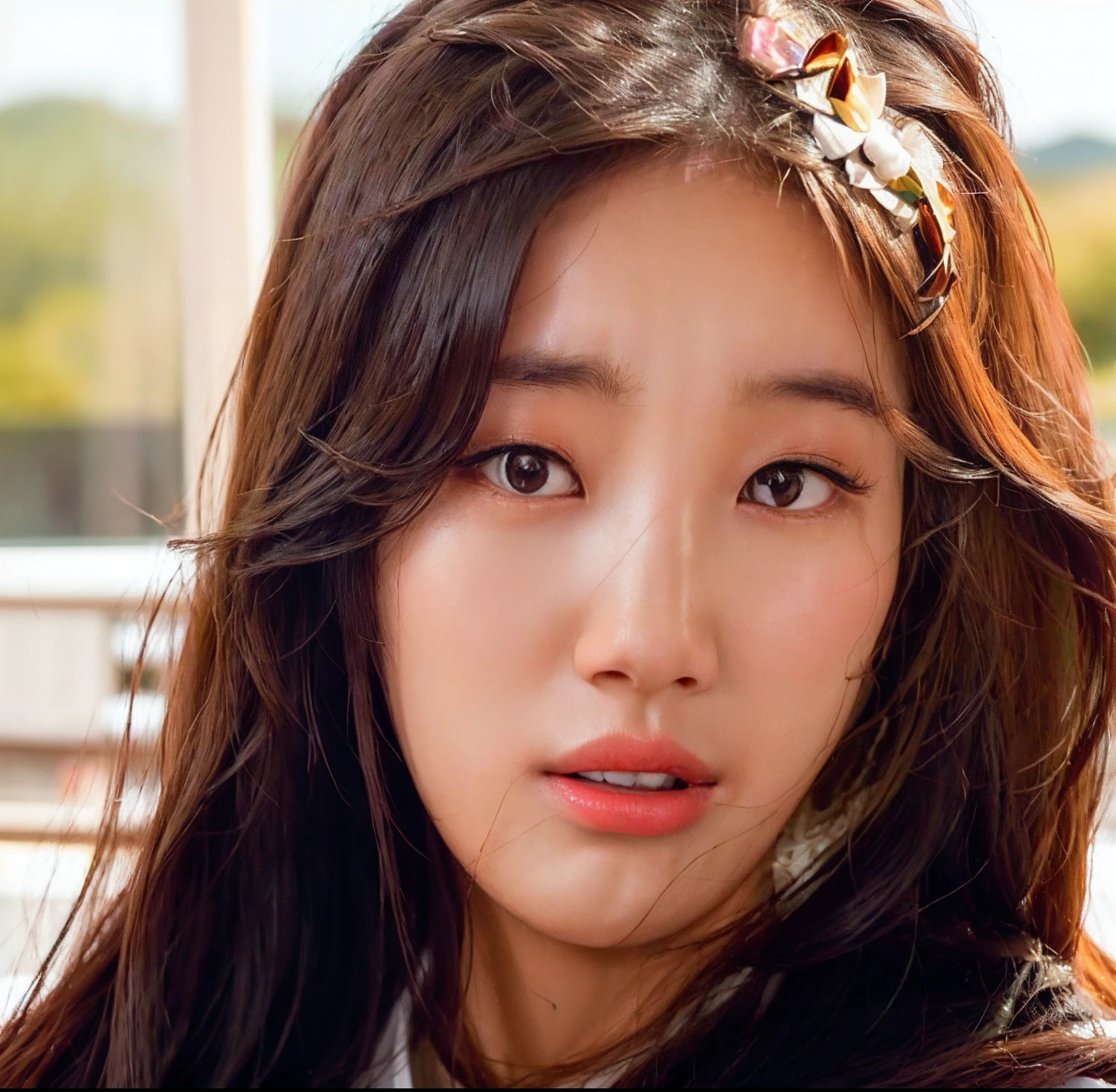 (girl:1.2),alone, (long ginger curly hair:1.1), brown eyes, Wearing a daisy wreath on your head, Sit in a daisy field, (fruit basket:1.1), blue shorts, red shirt,,raw,photographic,photo shadows,actual,Ridiculous,Aesthetic,elegant