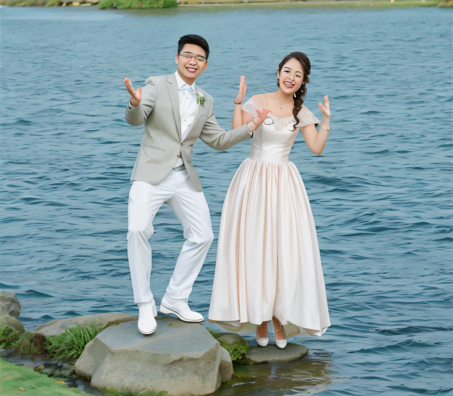 They posed for photos at the water's edge with their hands raised in the air, wedding photo,, cute couple, professional wedding photography, Happy couple, Hand drawn realistic style