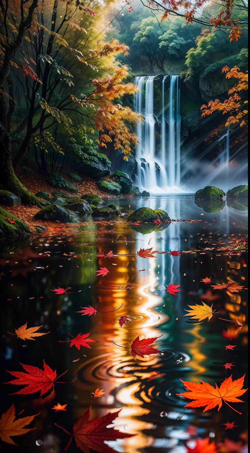Image of leaves and raindrops, autumn, Romantic landscape style, Canon EOS 5D Mark IV, Solar Impressionism, Traditional Vietnamese, Reflections of sparkling water, high-quality photo,