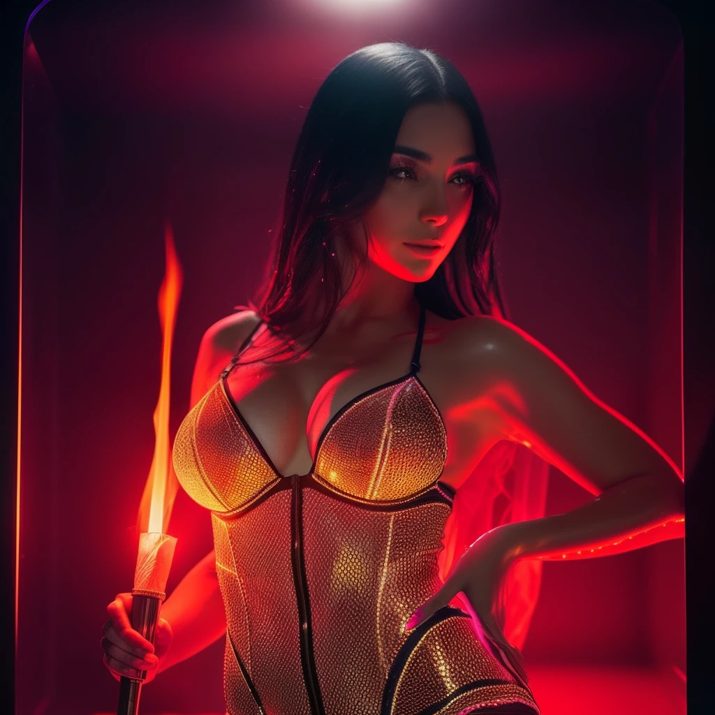 a very beautiful brunette, with magnificent breasts, with golden tattoos, in a miniskirt, with a plasma gun, against the backdrop of a space ship ,fullbody RAW photo of a VERY glamorous woman holding neon cell torch , BLACK hair, in LOW LIT WITH red UV LIGHT, expression of joy, WET TRANSLUCENT lingerie, NEON CELLS in the background,bioluminescence, national geographic award winning photography, cinematic lighting, far shot, ultra hd, hdr, extremely detailed, 8k, dramatic lighting, 85mm , uhd skin texture, 8k, high quality, --auto --s2