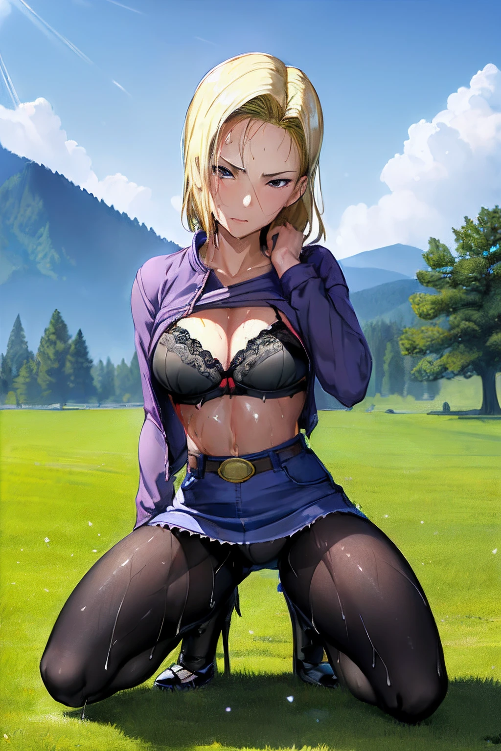 masterpiece, (Photorealsitic:1.4), top-quality, beautiful lighting,Android18DB, 独奏, 耳Nipple Ring, jewely, jaket, denim, embarassed expression, The shirt, a belt, ,((Black pantyhose))、 denim_Skirt, Raw photography, 8K UHD, film grains,(((Bra shows through and are visible)))、panties on、((self lift))、high-heels、(((the whole body is wet)))、Kneeling