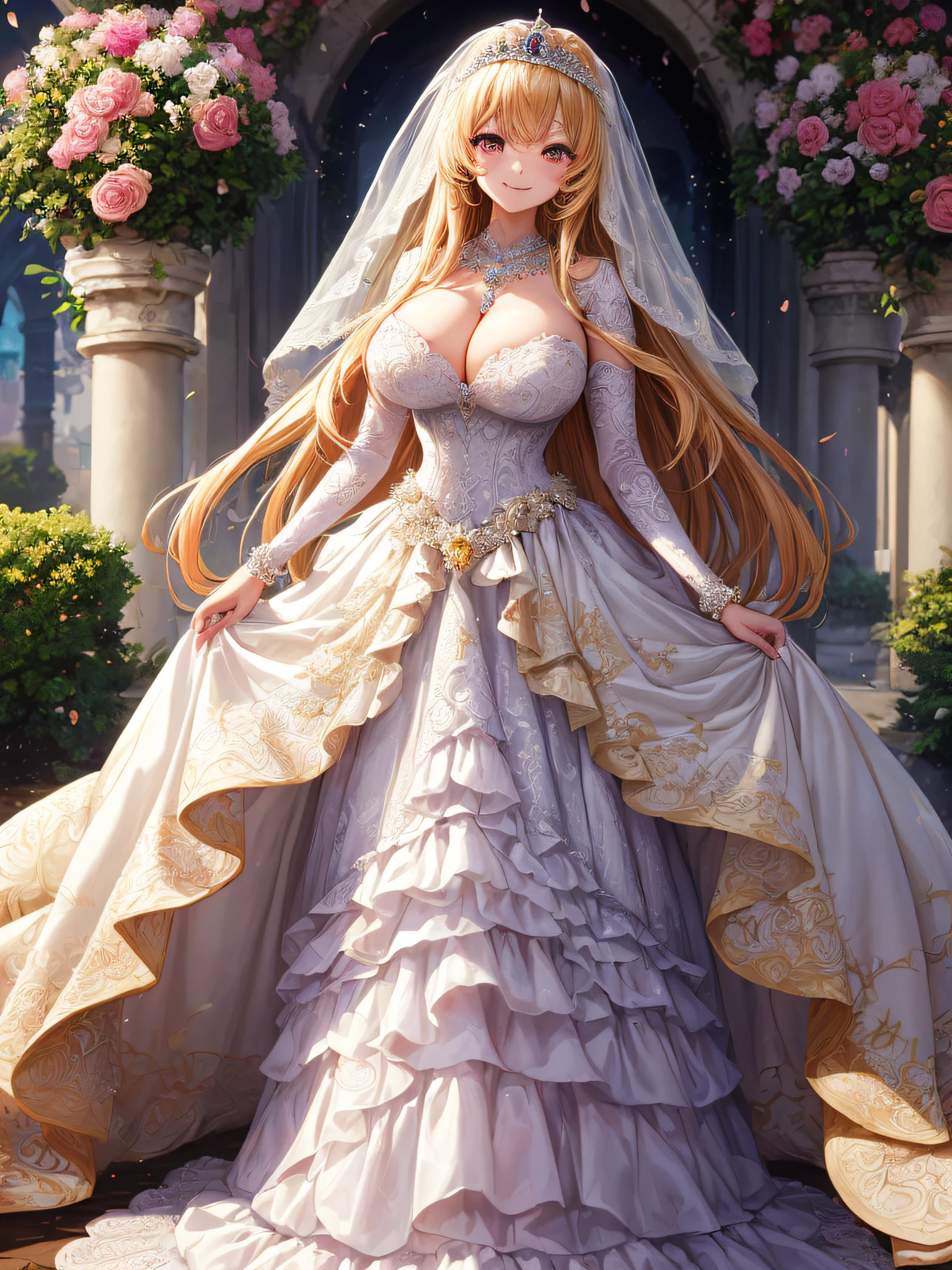 (masterpiece, best quality,extremely detailed,moe anime art style:1.2),1girl, (solo), cute, kawaii,digital art,((1 anime princess wearing beautiful embroidery and jeweled gorgeous ballgown wedding dress with voluminous full length hoop skirt)),crinoline,((voluminous frills)),gorgeous embroidery and beautiful lace,(very gigantic boobs,cleavage,skindentation),((shiny hair,absurdly voluminous straight hair,absurdly Long Hair)),(finely detailed face and eye),clear pupil,smile,extremely gorgeousfull jeweled tiara,((bling-bling gorgeous gemstone jewelry)),long wedding veil,((standing in beautiful garden)),flowers,flower petals flowing,(dynamic angle),((beautiful embroidery and jeweled gorgeous ballgown wedding dress with voluminous full length hoop skirt))