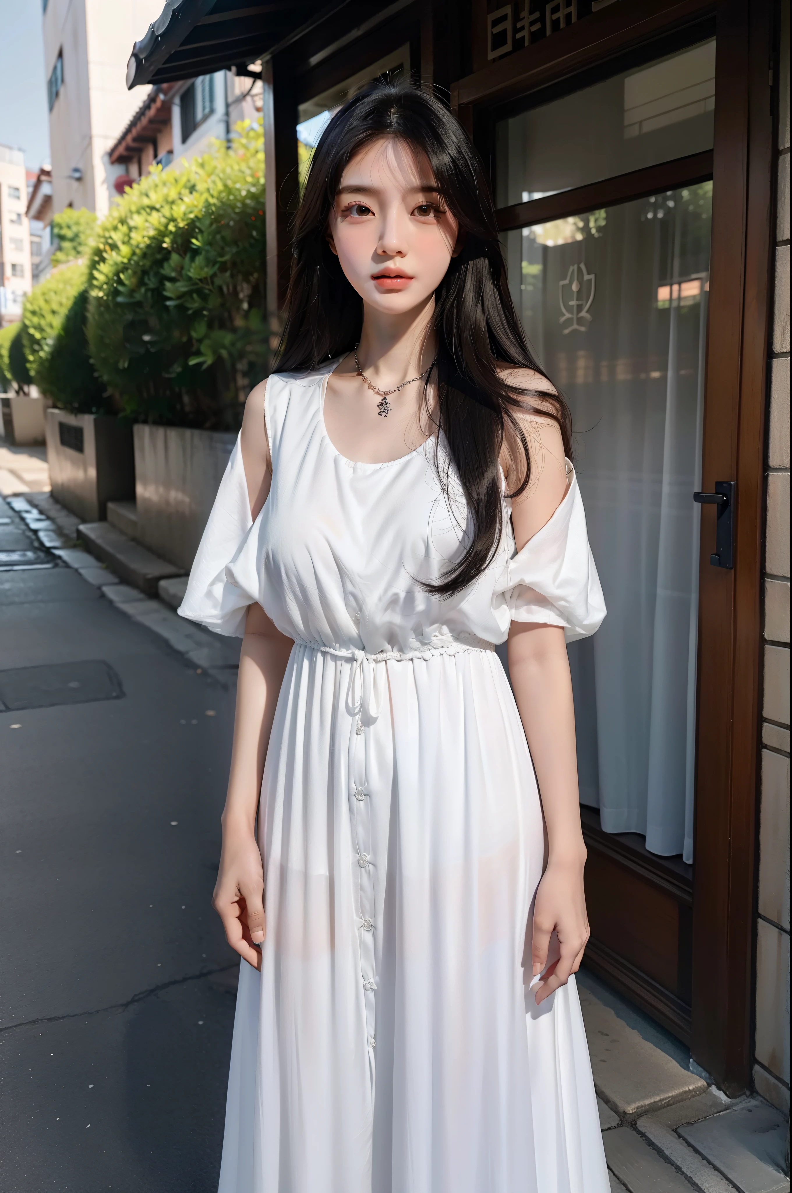 there is a woman with long hair and a necklace on, with round face, jaeyeon nam, 🤤 girl portrait, gongbi, south east asian with round face, Korean girl, Zhang Wanting, Asian face, 8K)), young lovely Korean faces, A young asian woman background street,Standing long white dress 181