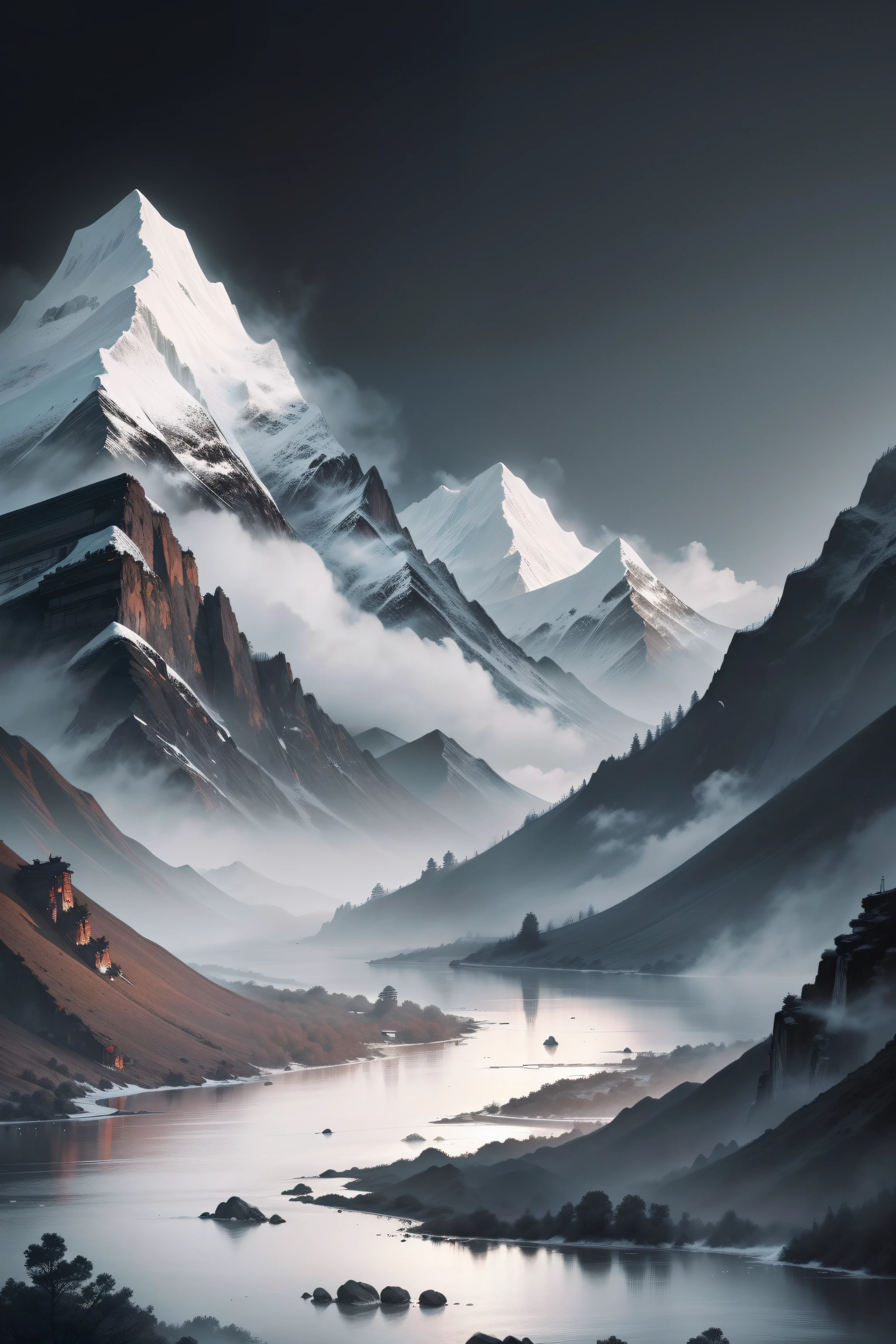 chinese paintings,black andwhite,mountain water,Splash ink