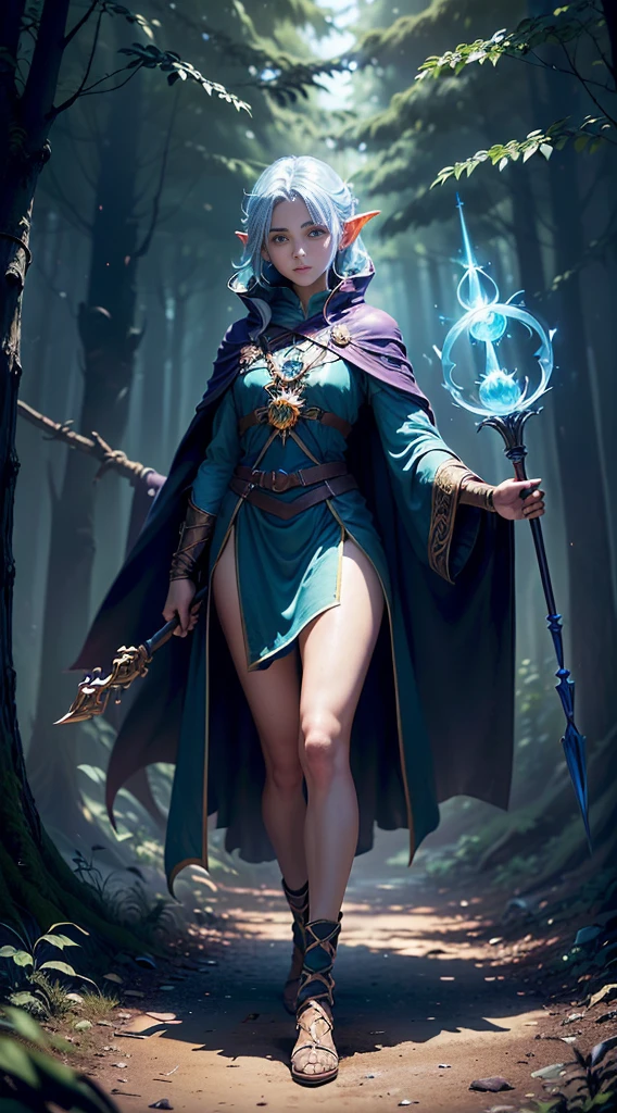(Dynamic angle:1.4), ((Full body posing:1.5), (colorful:1.2), (extremely detailed CG unity 16k wallpaper:1.1), (Denoising strength: 1.45), (tmasterpiece:1.37), ((official art)), (colorful:1.2), In the center of the cover is a young mage who stands in a mysterious forest. Wearing a dark blue magic robe, the mage holds a staff in his hand, the head of which emits a twinge of light. The mage's eyes were firm and his face revealed his curiosity and courage in the unknown world., Around the mage, you can see fantastic creatures and plants in the forest, such as flying goblins, ancient trees and shimmering flowers. These elements create a world full of magic and mystery., At the top of the cover, the title "" is written in gorgeous fonts. The font color echoes the magic light of the mage, giving people a mysterious and fascinating feeling. At the bottom of the cover, you can place the author's name or other relevant information., god rays, sparkle, glowing light, ((masterpiece)), ((best quality)), UHD, award winning