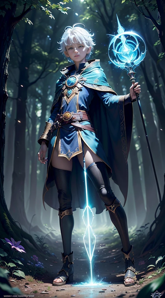 (Dynamic angle:1.4), ((Full body posing:1.5), (colorful:1.2), (extremely detailed CG unity 16k wallpaper:1.1), (Denoising strength: 1.45), (tmasterpiece:1.37), ((official art)), (colorful:1.2), In the center of the cover is a young mage who stands in a mysterious forest. Wearing a dark blue magic robe, the mage holds a staff in his hand, the head of which emits a twinge of light. The mage's eyes were firm and his face revealed his curiosity and courage in the unknown world., Around the mage, you can see fantastic creatures and plants in the forest, such as flying goblins, ancient trees and shimmering flowers. These elements create a world full of magic and mystery., At the top of the cover, the title "" is written in gorgeous fonts. The font color echoes the magic light of the mage, giving people a mysterious and fascinating feeling. At the bottom of the cover, you can place the author's name or other relevant information., god rays, sparkle, glowing light, ((masterpiece)), ((best quality)), UHD, award winning