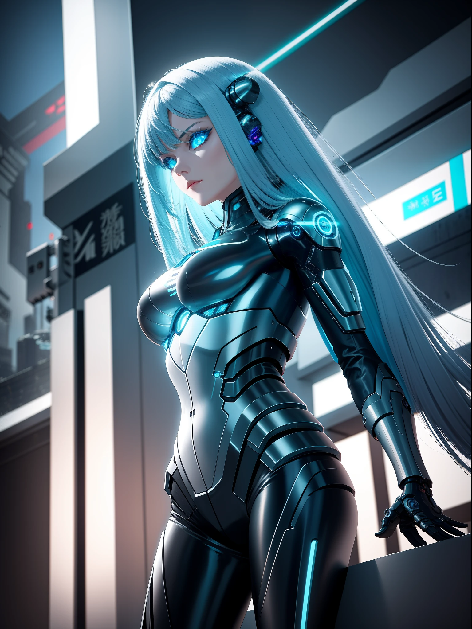  Android girl with long silver hair in a black suit with small blue elements woman sexy hips and bust half cyborg modification Beautiful sexy with bright eyes stands half-turned sideways Anime Style background Cyberpunk metropolis glass showcases neon lights style, Robot Girl, gloomy image background with white glow lines night black city and neon lights 