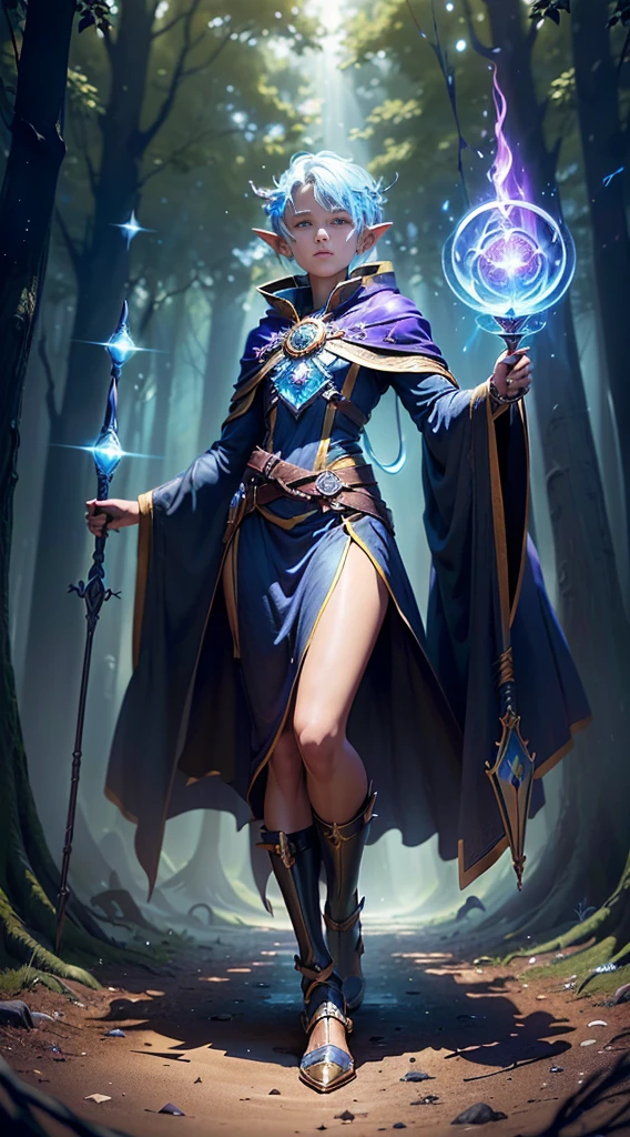 (Dynamic angle:1.4), ((Full body posing:1.5), (colorful:1.2), (extremely detailed CG unity 16k wallpaper:1.1), (Denoising strength: 1.45), (tmasterpiece:1.37), ((official art)), (colorful:1.2), In the center of the cover is a young mage who stands in a mysterious forest. Wearing a dark blue magic robe, the mage holds a staff in his hand, the head of which emits a twinge of light. The mage's eyes were firm and his face revealed his curiosity and courage in the unknown world., Around the mage, you can see fantastic creatures and plants in the forest, such as flying goblins, ancient trees and shimmering flowers. These elements create a world full of magic and mystery., At the top of the cover, the title "" is written in gorgeous fonts. The font color echoes the magic light of the mage, giving people a mysterious and fascinating feeling. At the bottom of the cover, you can place the author's name or other relevant information., god rays, sparkle, glowing light, ((masterpiece)), ((best quality)), UHD, award winning