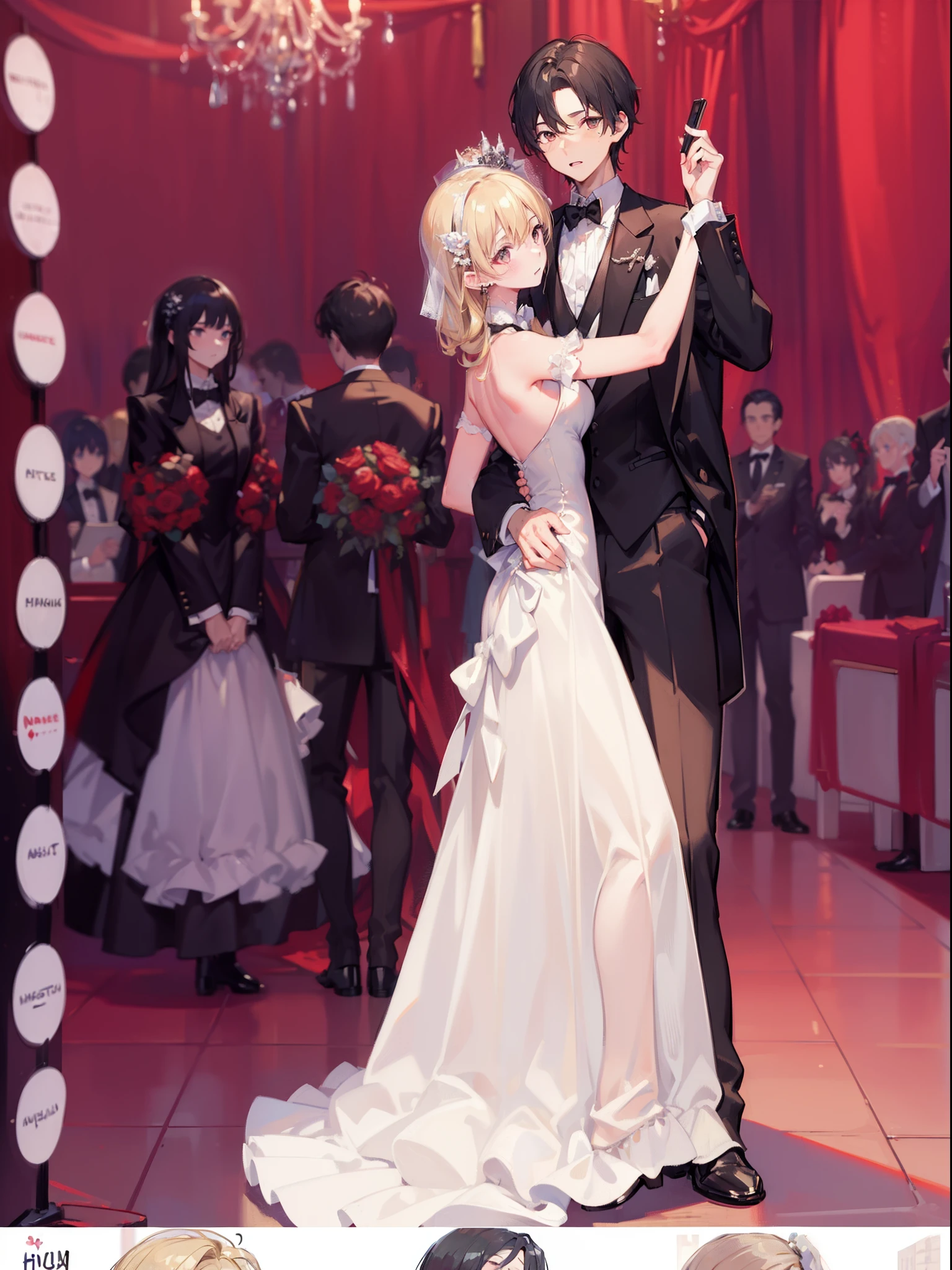 (masterpiece:1.5), (bestquality), highlydetailed, ultra-detailed, black hair, blonde hair, blurry, blurry background, blurry foreground, bow, bowtie, depth of field, dress, formal, multiple boys, multiple girls, photo \(medium\), suit, tuxedo, wedding dress