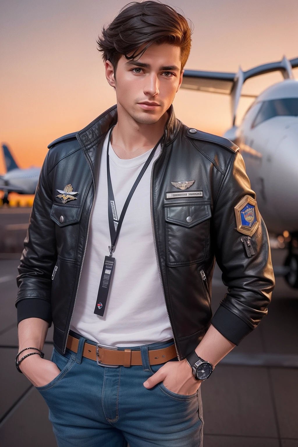 Young European guy civilian pilot wearing a smartwatch on his right hand, with a black pilot's jacket, Standing at a dark sunset in the evening, Airplane in the background