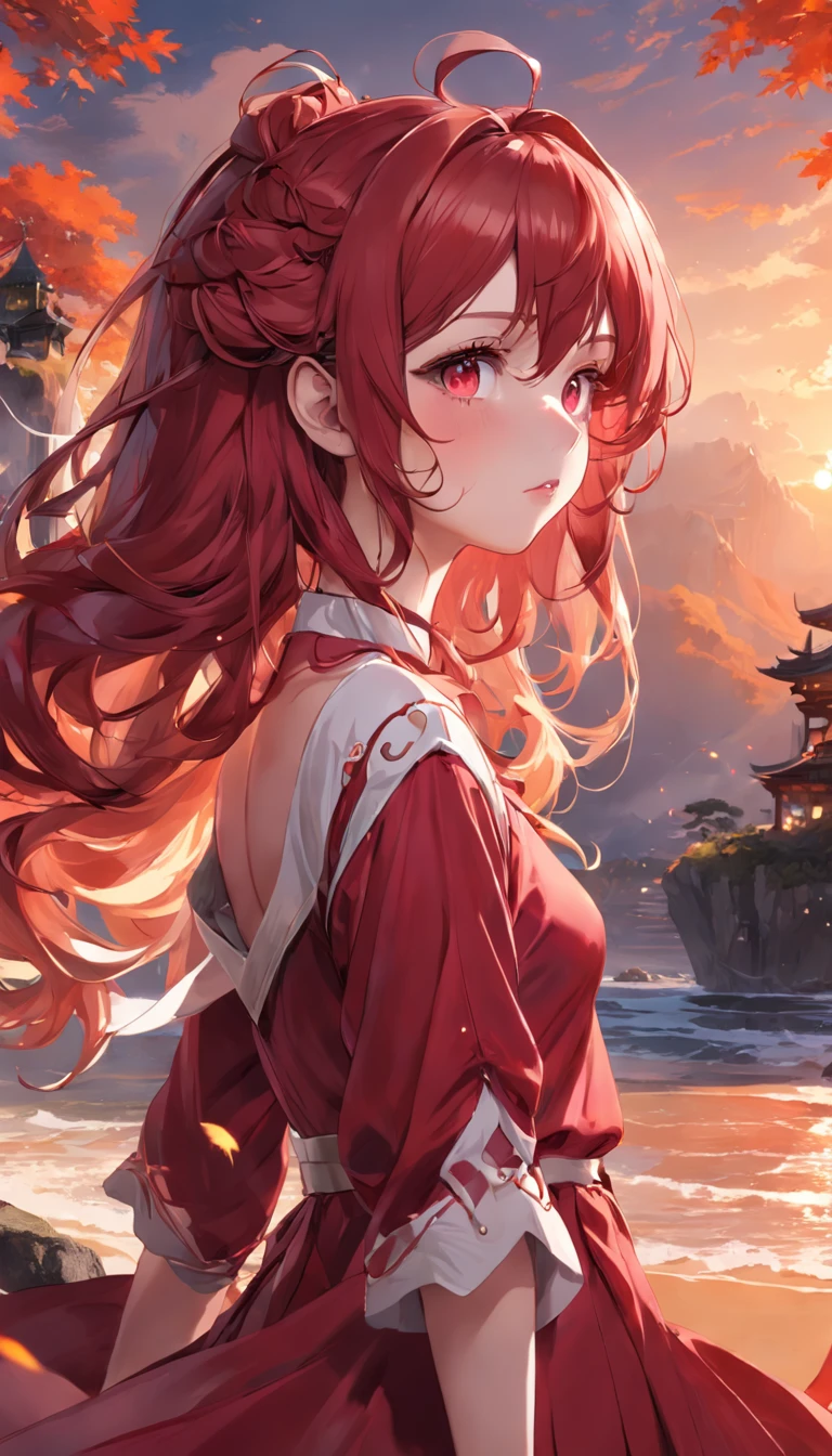 (Dynamic Angle:1.4), ((Pose all over the body:1.5), (Colorful:1.2), (Extremely detailed CG Unity 16k wallpaper:1.1), (Noise Removal Strength: 1.45), (tmasterpiece:1.37), ((offcial art)), Top quality, A painting of a woman, Anime girl, Burgundy hair, long whitr hair,Large wavy curls,Beautiful detailed eyes, Brown eyes,red dress, Sunset, random view, jewelry, Solo, Earrings, Watch, Gradient, wristwatch, a character portrait, Sitting, Leaves, Long sleeves, Red lips, Realistic, (Masterpiece), (Masterpiece)