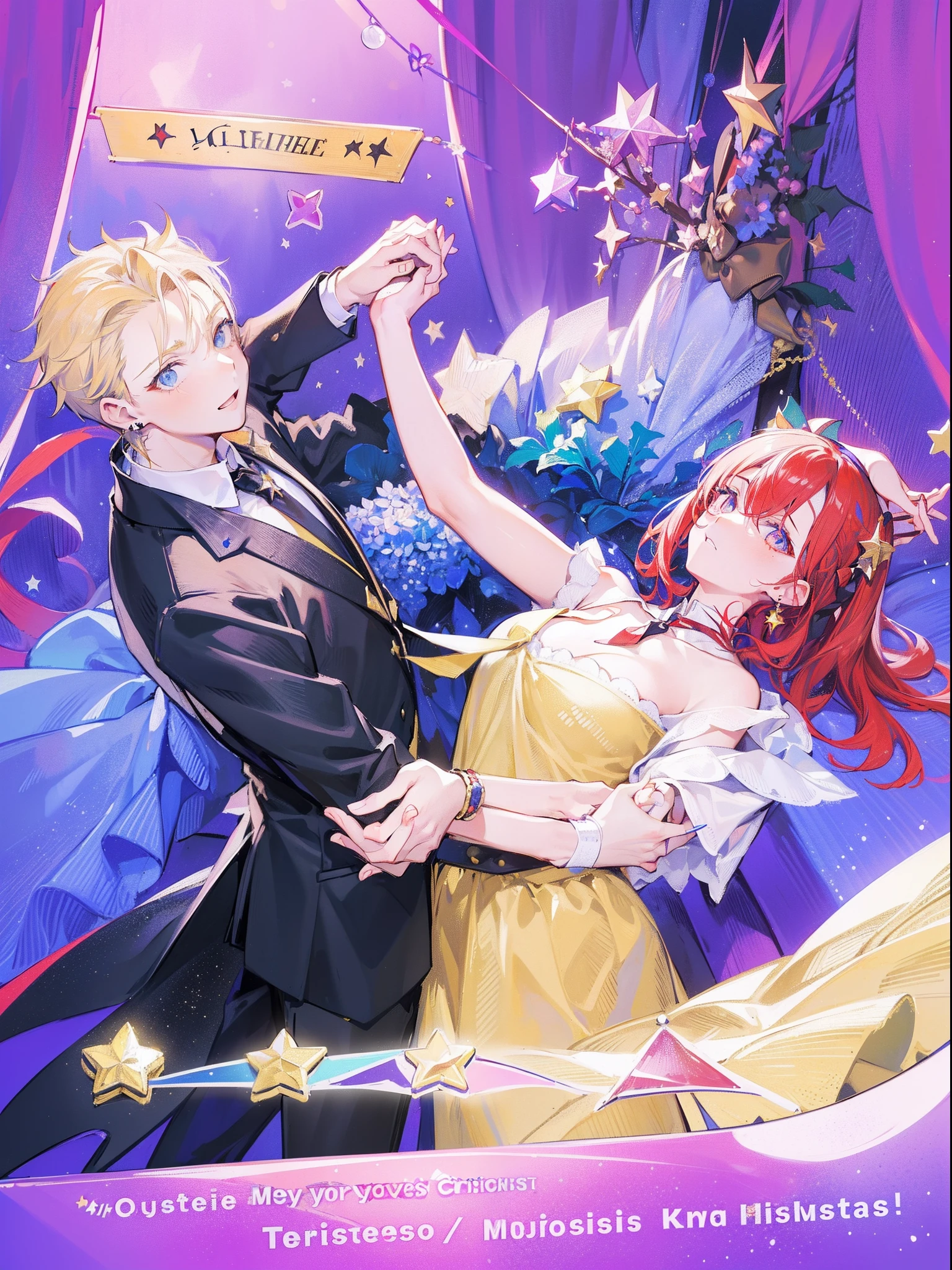 (masterpiece:1.5)(bestquality)1girl:(black hair:1.2)(blonde hair:0.8)(dress:1.2)(formal)2boys:(black hair:1.2)(blonde hair:0.8)(suit:1.2)(necktie:1.2)(holding hands)
america(american flag)
card:(medium)(card parody)(copyright name)
christmas:(christmas ornaments)(christmas tree)
crescent:(crescent moon)
happy halloween
joestar birthmark
merry christmas
multiple boys
red hair
saint quartz:(fate)
star:(symbol)(star earrings)(star hair ornament)(star necklace)(star pasties)(star print)(starfish)(starry background)
tanabata
tarot
tuxedo
wand