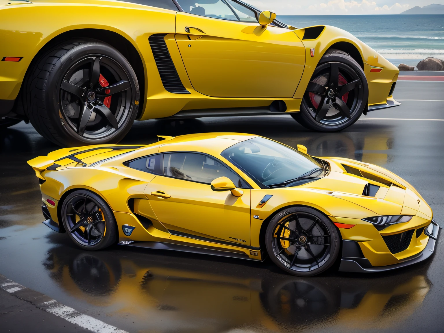 Yellow car parked in parking lot with sea background, very beautif, from side view, side perspective, italian masterpiece, giorgetto giugiaro, Lancha Delta Project Car, Looking from the side!, a wide full shot, masterpiece work of art, Ziala, Hyper Realistic Wing, Wide Body, side profile artwork, One unit