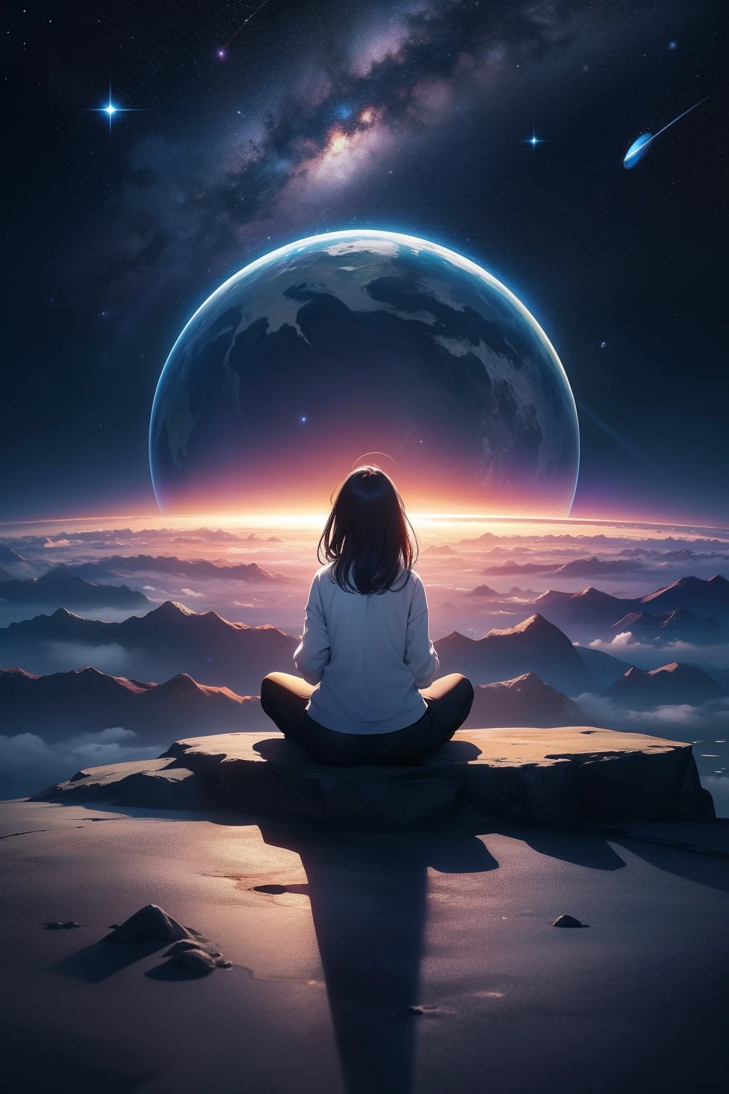 Qigong woman sitting on earth doing zen meditation, Qigong Master Clothing、Space clouds background, Vast galactic landscape, Girl meditating in outer space, Woman sitting on small earth、Liminal space in outer space!!!, Cosmic Enlightenment,