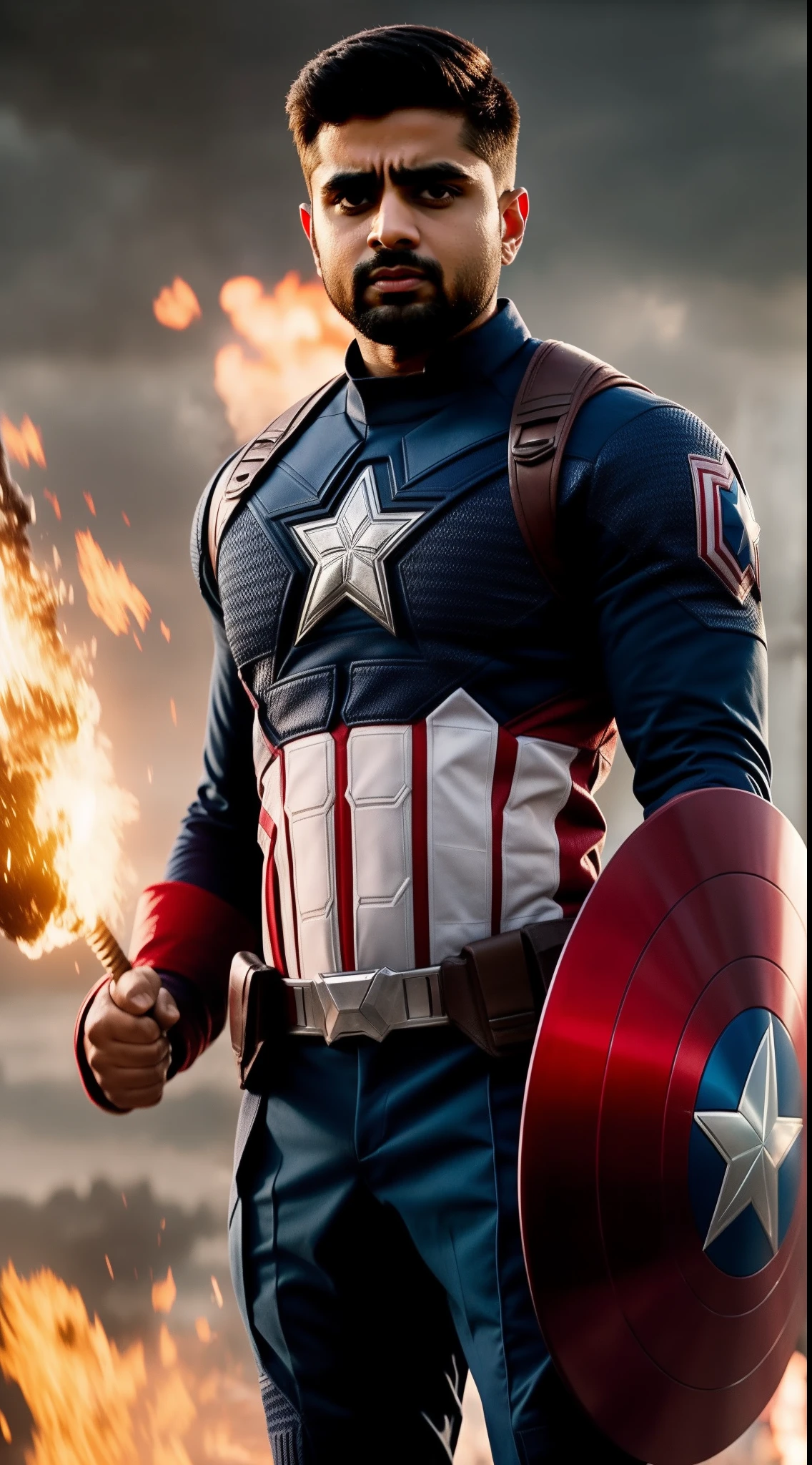 Babar azam as Marvel captain america - detailed, make a super power fist and destroys the world, cinematic 8k