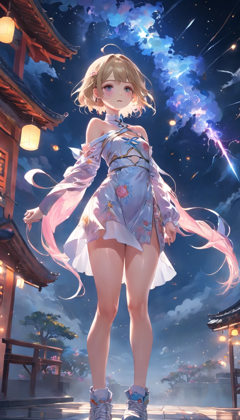 Dynamic angle, ((Full body posing:1.5), (colorful:1.2), (extremely detailed CG unity 16k wallpaper:1.1), (Denoising strength: 1.45), (tmasterpiece:1.37), ((official art)), (colorful:1.2), (bare shoulders:0.85), ((Balcon, starry sky, (( 8k wallpaper)), starry background, ultra detailed, beautiful and aesthetic, beautiful, ultra clear, best quality)), 1girl, (in smoke:1.1), (dynamic smokeanywhere:1.4), (1 Chinese patterns in the middle of the girl's forehead), girl with a weak temperament, (epic cinematic), soft nature lights, rim light, absurd, amazing, funny, itricate, hyper detailed, pink flowers, white, pink flowers, Full Body Images, shenlinew, ((lace-up thigh-high boot)), full body, blunt bangs, white long dress printed with purple flowers and blue veil decorative coat, (( brown footwear)), white long sleeves, cross-laced footwear, sidelocks, pale yellow hat, white pantyhose printed with red yellow and blue flowers, kamisatoayaka, (behisheroine), slim, ul, soft colors, god rays, sparkle, glowing light, ((masterpiece)), ((best quality)), masterpiece, best quality, UHD, award winning