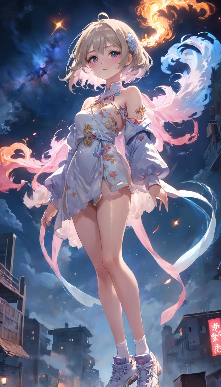 Dynamic angle, ((Full body posing:1.5), (colorful:1.2), (extremely detailed CG unity 16k wallpaper:1.1), (Denoising strength: 1.45), (tmasterpiece:1.37), ((official art)), (colorful:1.2), (bare shoulders:0.85), ((Balcon, starry sky, (( 8k wallpaper)), starry background, ultra detailed, beautiful and aesthetic, beautiful, ultra clear, best quality)), 1girl, (in smoke:1.1), (dynamic smokeanywhere:1.4), (1 Chinese patterns in the middle of the girl's forehead), girl with a weak temperament, (epic cinematic), soft nature lights, rim light, absurd, amazing, funny, itricate, hyper detailed, pink flowers, white, pink flowers, Full Body Images, shenlinew, ((lace-up thigh-high boot)), full body, blunt bangs, white long dress printed with purple flowers and blue veil decorative coat, (( brown footwear)), white long sleeves, cross-laced footwear, sidelocks, pale yellow hat, white pantyhose printed with red yellow and blue flowers, kamisatoayaka, (behisheroine), slim, ul, soft colors, god rays, sparkle, glowing light, ((masterpiece)), ((best quality)), masterpiece, best quality, UHD, award winning