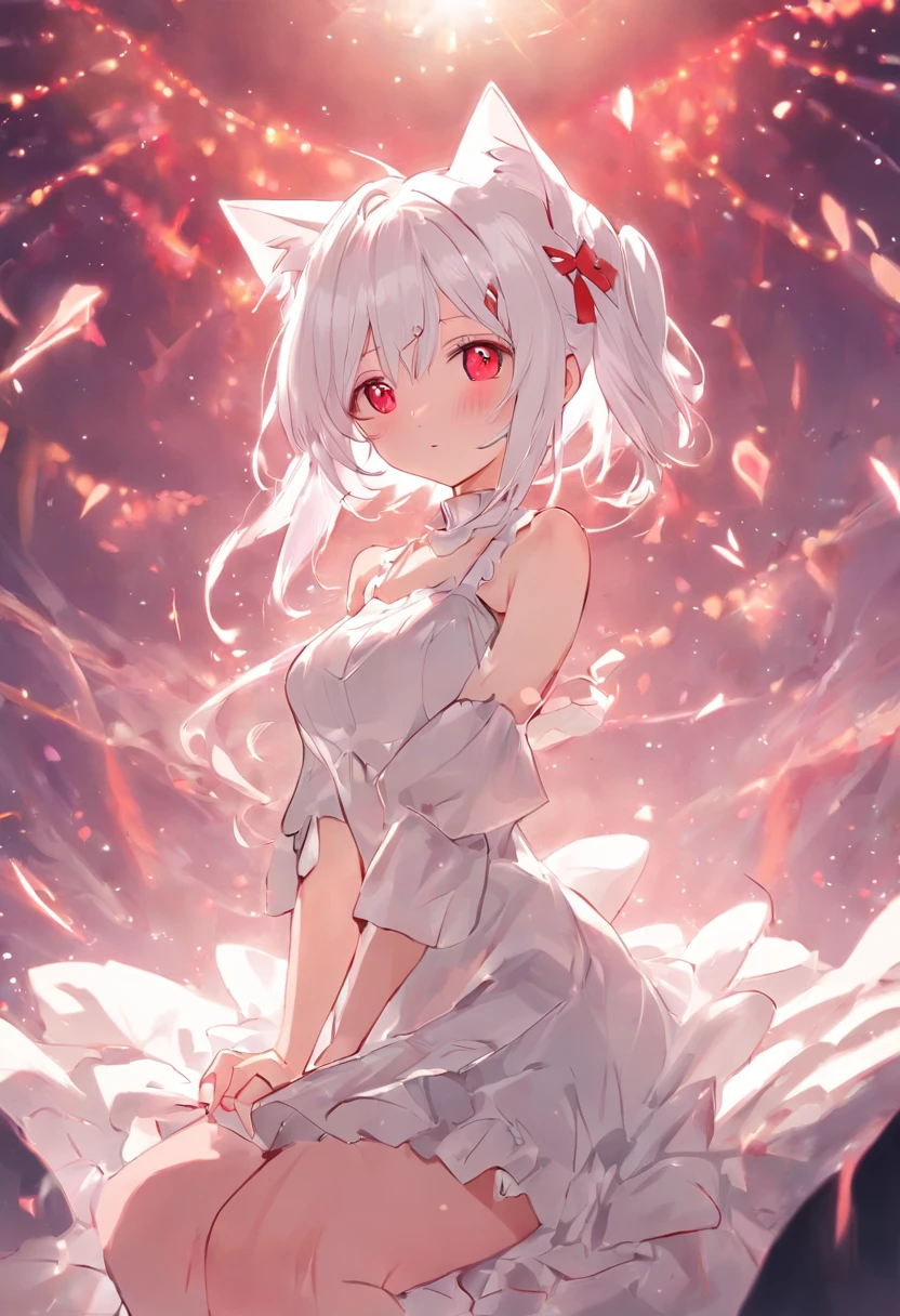 Anime girl with white hair bunny ears, Red eyes, Shy blush, gigantic cleavage breasts，nakeness，Seduction sexy